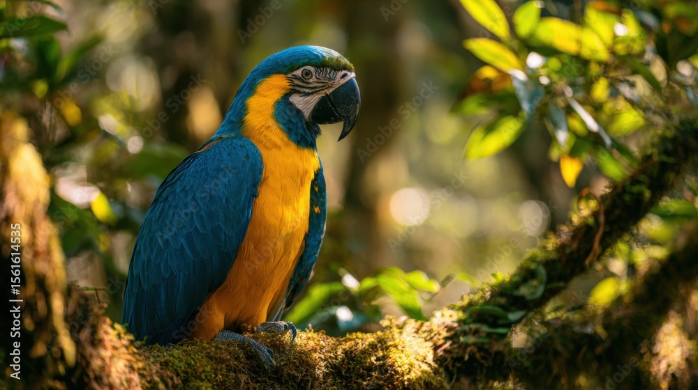 Obraz premium Vibrant Blue and Yellow Macaw Parrot Perched on Tree Branch in Dense Forest Scene.