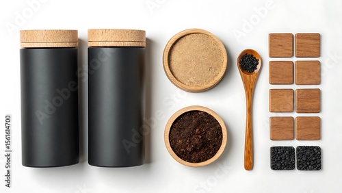 Aromatic Spice Set: An elegant arrangement of black containers with wooden lids and other spice components arranged. This captures the art of culinary delight.