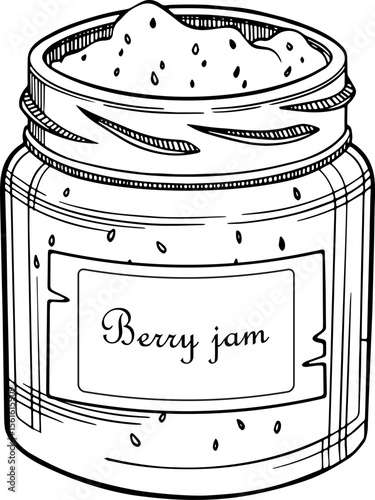Vector jar of berry jam with label isolated. Hand drawn summer illustration. Homemade food.