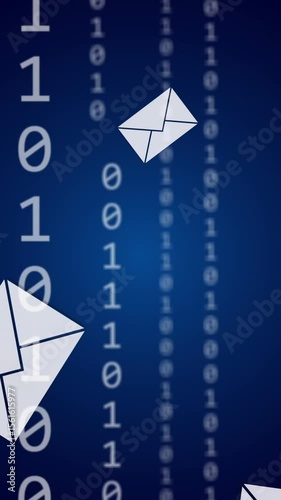 Animation of binary coding, envelope icons and data processing