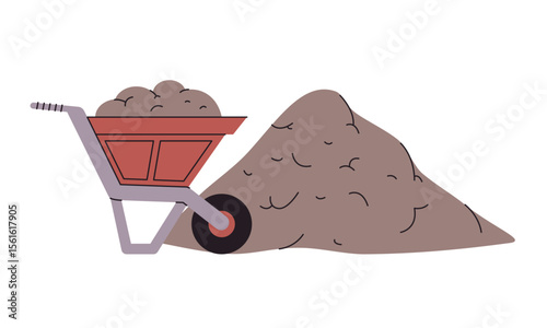 wheelbarrow filled with a greyish-brown material soil or sand next to pile of material suggests construction gardening landscaping