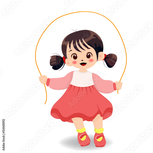 Vector illustration of a cheerful cartoon girl with brown ponytails, wearing a pink dress and red shoes, jumping rope. Ideal for kids, games or funny stock images.