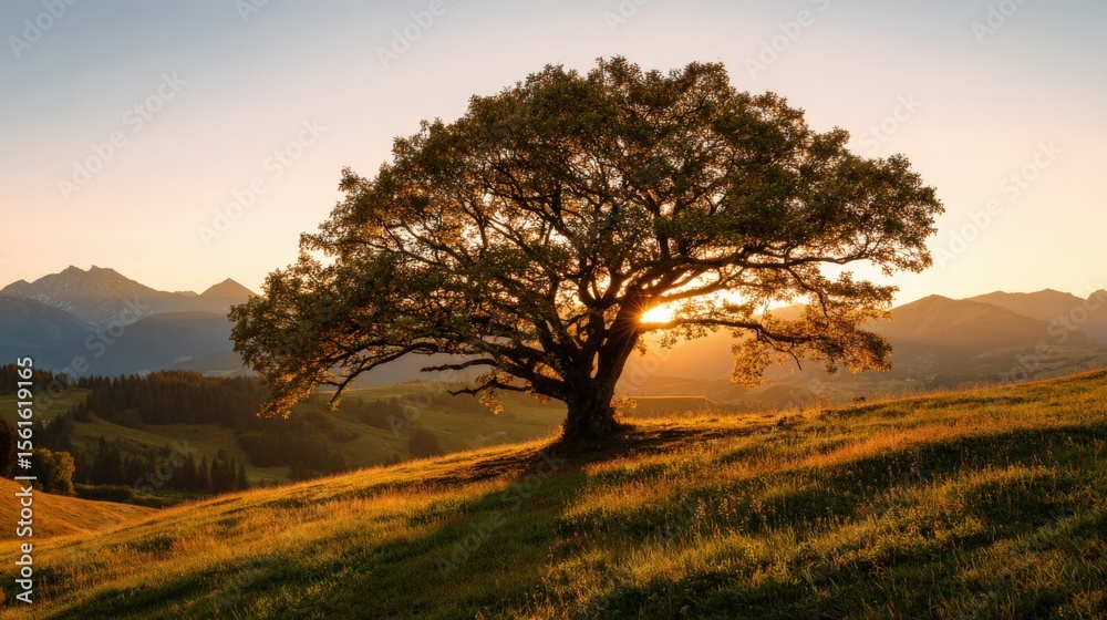 Obraz premium Stunning landscape with a solitary tree on a grassy hill during sunset in mountains.