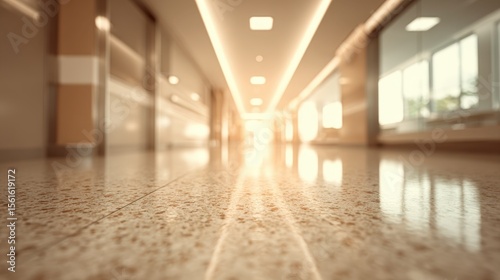 Modern brightly lit airport corridor with reflective tiled floor and large windows.