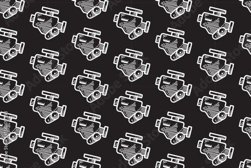 inline engine line art seamless pattern on black background. auto motor engraving doodle pattern background. automotive engine hatching motif wallpaper for garage, workshop, auto detailing merchandise
