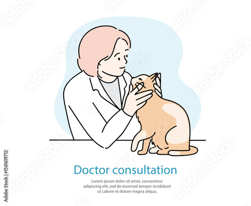 Illustration of a veterinarian with an animal. Hand drawn in doodle style.