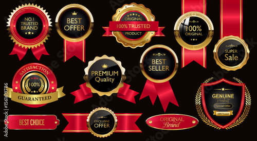 Golden luxury labels shield and banners, gold premium quality certificate ribbons, vector badges. Luxury VIP and sticker tags and banners for best product seals and banners with golden crown