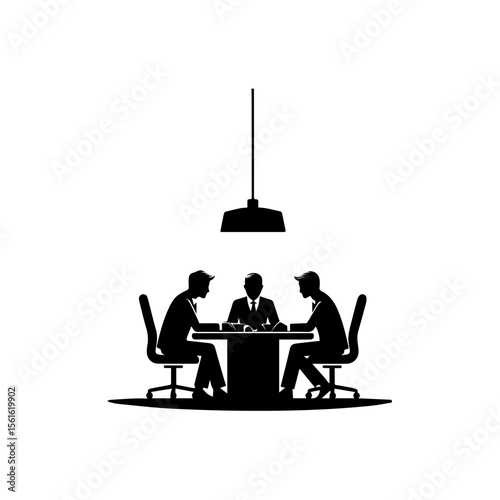 A black and white silhouette illustration depicts three businesspeople seated around a table, likely engaged in a discussion.