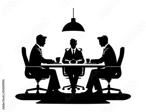 A black and white silhouette illustration depicts three businesspeople seated around a table, likely engaged in a discussion.