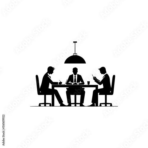 A black and white silhouette illustration depicts three businesspeople seated around a table, likely engaged in a discussion.