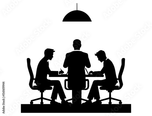 A black and white silhouette illustration depicts three businesspeople seated around a table, likely engaged in a discussion.