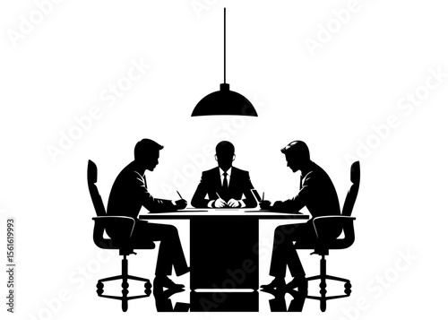 A black and white silhouette illustration depicts three businesspeople seated around a table, likely engaged in a discussion.