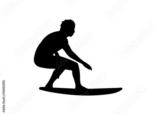 A bold, black silhouette of a surfer curled up on a surfboard.