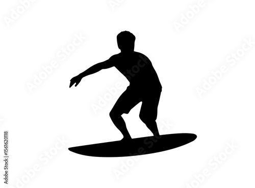 A bold, black silhouette of a surfer curled up on a surfboard.