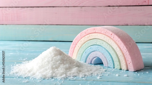 Rainbow Marshmallow Delight: Sweetness abounds with pastel rainbow marshmallow alongside a pile of coconut flakes, evoking nostalgia and delight.