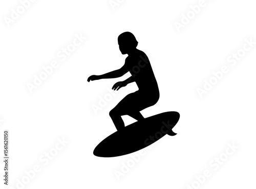 A bold, black silhouette of a surfer curled up on a surfboard.
