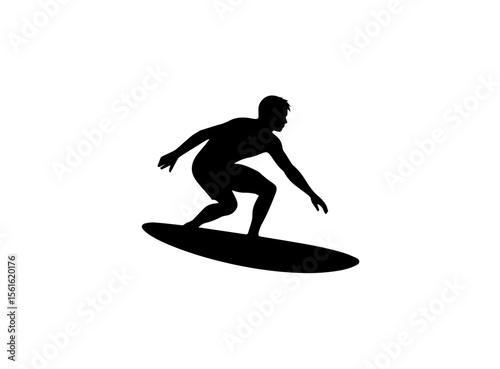A bold, black silhouette of a surfer curled up on a surfboard.