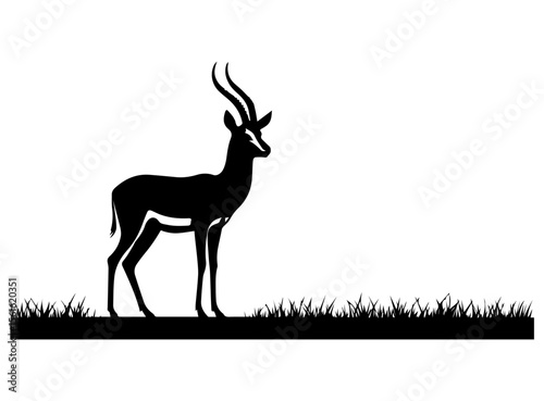 A striking, black and white silhouette of a gazelle, likely a springbok, is featured.