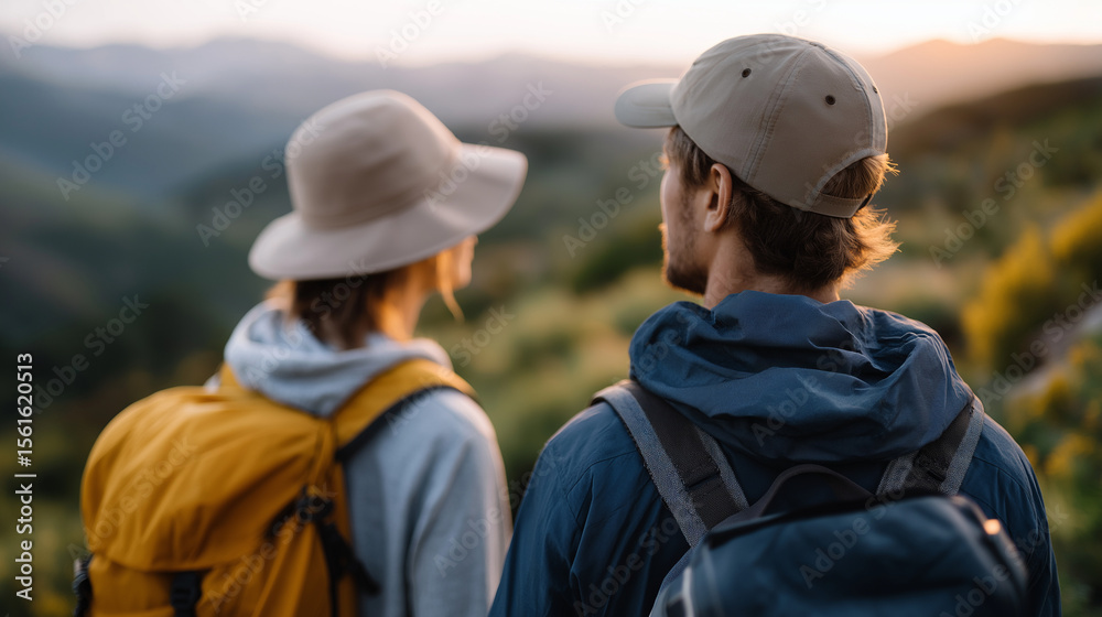 Fototapeta premium Young couple hiking in mountains embracing nature and adventure