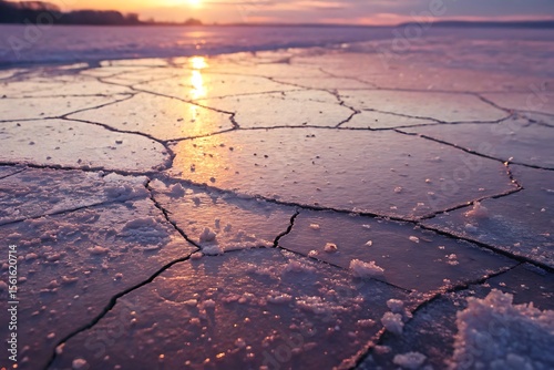 Frozen Lake's Sunrise: A stunning display of nature's artistry unfolds as the sun gently kisses the cracked surface of a frozen lake. The golden hues of dawn are reflected.