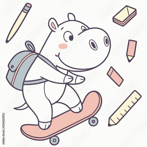 Charming SVG of a Cheerful Baby hippo featuring riding a skateboard, styled in a Back to school theme with Chalkboard Fun hues