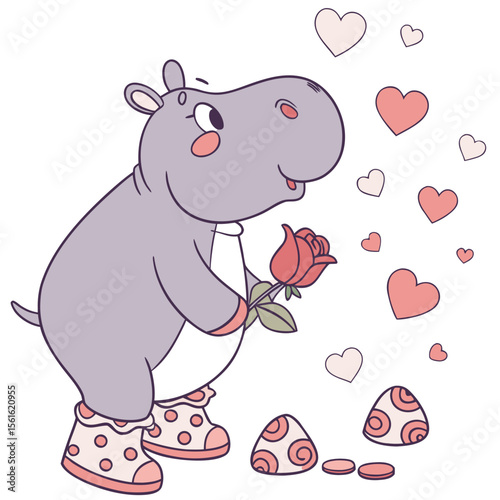 A Dreamy Baby hippo with wearing bunny slippers in a Valentine theme – Valentine Blush palette SVG illustration