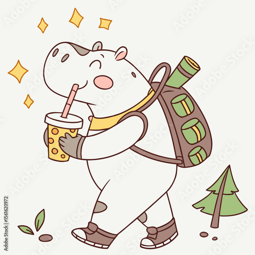 Dreamy expression on a Baby hippo in a Forest adventure theme, with with a bubble tea – Evergreen Trails vector art