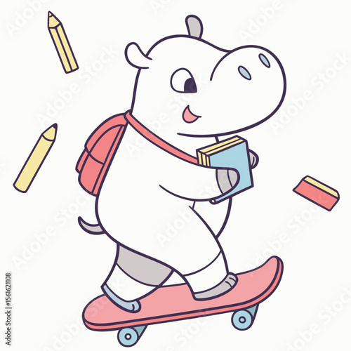 Charming SVG of a Cheerful Baby hippo featuring riding a skateboard, styled in a Back to school theme with Chalkboard Fun hues