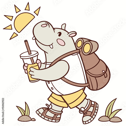 Dreamy expression on a Baby hippo in a Forest adventure theme, with with a bubble tea – Evergreen Trails vector art