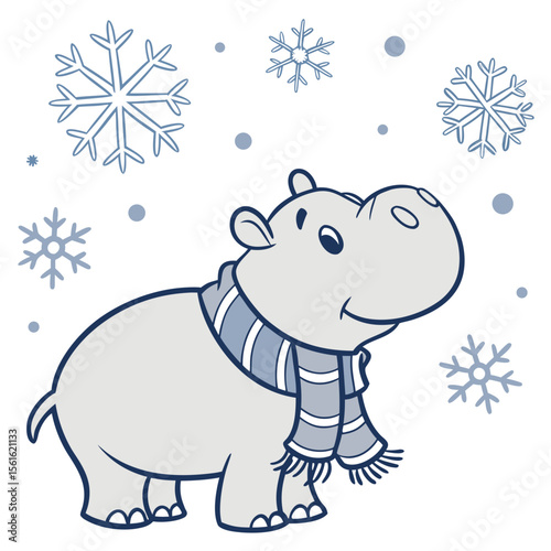 Delightful Loving Baby hippo in a Cozy winter scene with with a giant leaf – Frosty Winter vector illustration