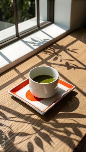 Zen Tea Ritual: A serene moment captured with a ceramic bowl holding vibrant green matcha tea, delicately placed on a stylish plate, beside a sunlit window.