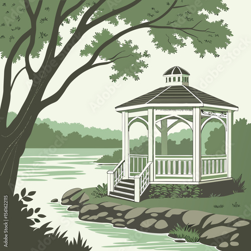 
a gazebo on a rocky shore