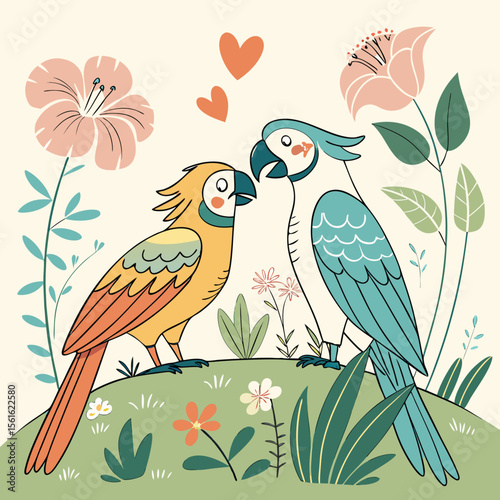 
two parrots standing on a hill with flowers and leaves
