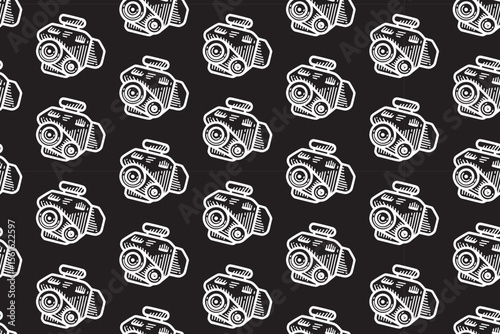 rotary engine line art seamless pattern on black background. automotive engine engraving doodle pattern background. car motor hatching motif wallpaper for garage, workshop, auto detailing merchandise