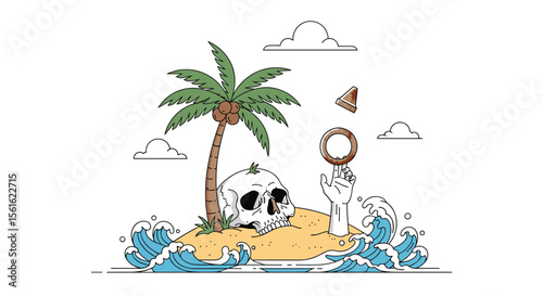 Deserted island with a skull palm tree shipwreck and ring in the ocean waves illustration