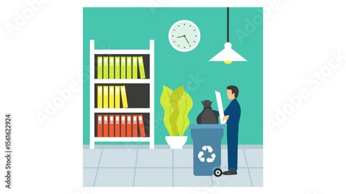 Person Disposing of Trash into Recycling Bin animation, Organizing and Cleaning Workplace animated video, Indoor cleaning service Clip, Office caretaker footage, maintenance equipment motion graphics
