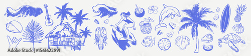 Rough hand drawn chalk doodles of tropical summer. Palm trees, ocean waves, surfer, tiki hut, fruit, cocktails. Vector elements for vacation branding, island graphics, retro surf culture.