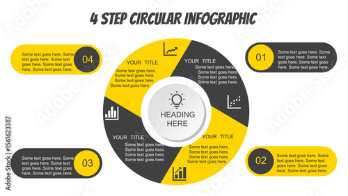 4 Step Circular Business Infographic with Yellow and Black Design. Fully editable modern infographic vector elements SVG file compatible with PowerPoint, Illustrator, and most vector-based application