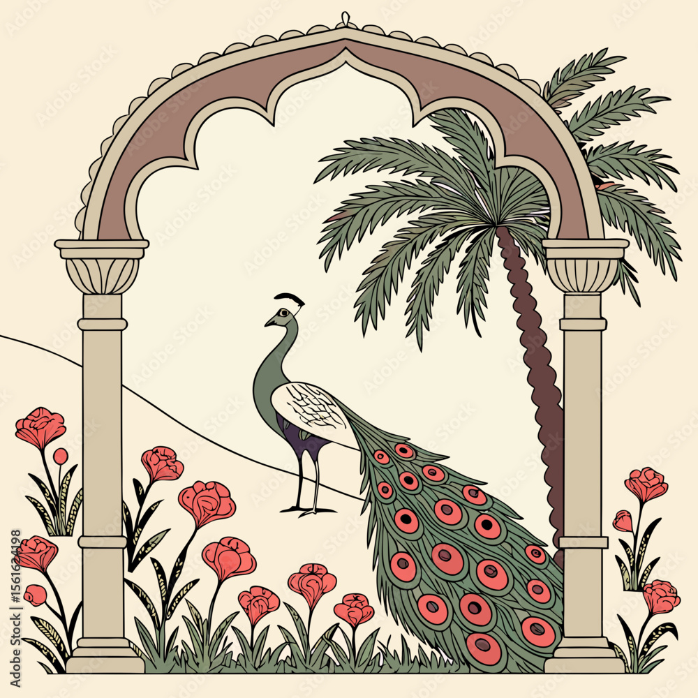 
a peacock and palm trees