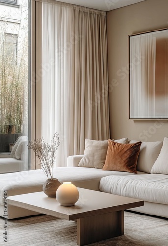Beige living room with soft lighting