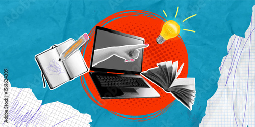 Trendy Halftone Collage Online education concept. Computer laptop with hand, floating books and lightbulb. News course, webinar. Smart thinking and brainstorming. Contemporary vector art illustration