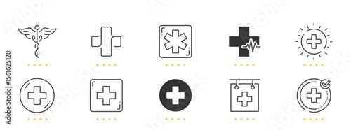 Medical symbols line icons. Cross, hospital, caduceus, aid etc. Editable stroke