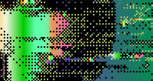 Futuristic glitch-art vector using popular digital abstract style. Neon bright pixel blocks, rectangles, and fractured lines create a dynamic, pixelated, and edgy visual effect.