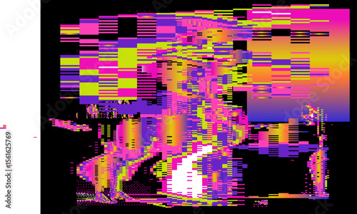 Vibrant glitch-art vector with pink, yellow, and purple blocks. Modern, trendy, digital abstract art in pixelated style. Dynamic rectangles, jagged lines, and erratic bursts dominate.