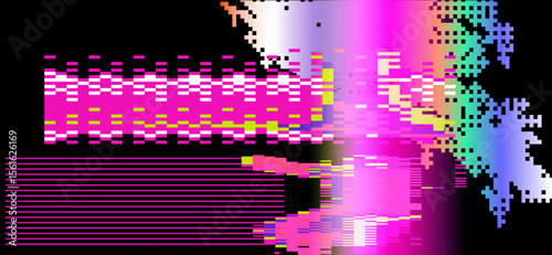 Futuristic glitch-art vector using popular digital abstract style. Neon bright pixel blocks, rectangles, and fractured lines create a dynamic, pixelated, and edgy visual effect.