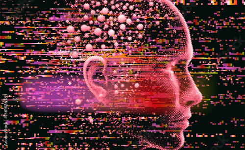 Modern glitch-art vector of a pink digital human head, pixelated shapes, and scattered yellow, orange, purple glitches. Abstract, vibrant, with dynamic horizontal lines.