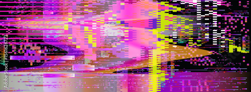 Striking vector in glitch-art style. Features neon green, pink, and yellow pixel blocks and lines. Chaotic, abstract digital look with broken, horizontal rectangles and noisy patterns.
