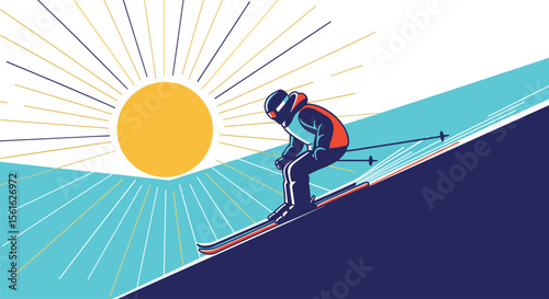 Skier Descending a Snow Covered Mountain Slope Under a Bright Yellow Sun