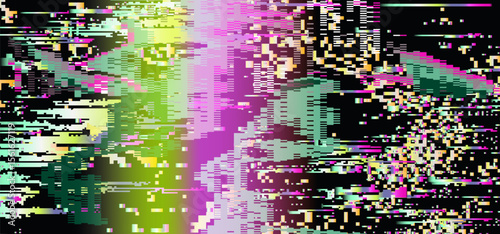 Striking vector in glitch-art style. Features neon green, pink, and yellow pixel blocks and lines. Chaotic, abstract digital look with broken, horizontal rectangles and noisy patterns.