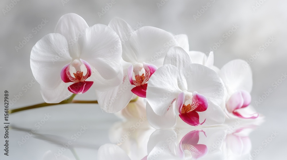 Obraz premium Beautiful white orchid flowers with pink centers arranged on a reflective surface.